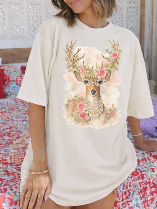 Watercolor Deer with Glasses Cream Graphic Tee