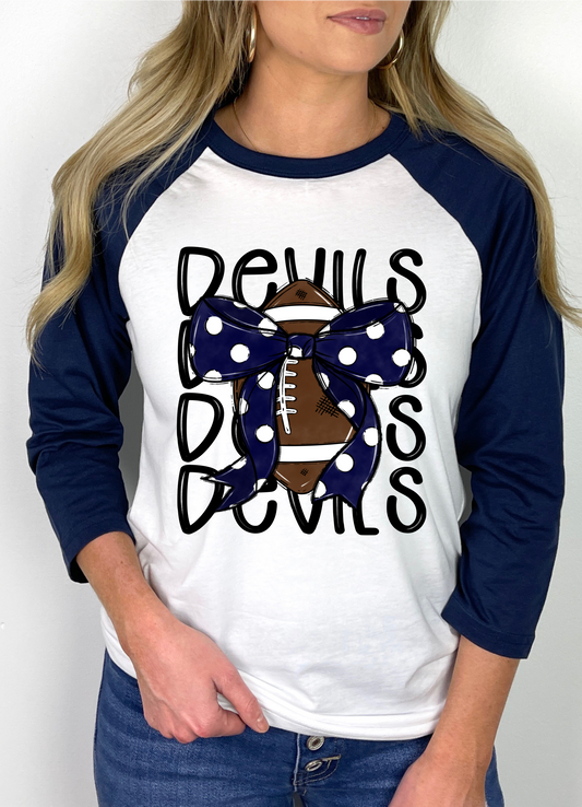 Devils Football and Bow Mascot Raglan Graphic Tee