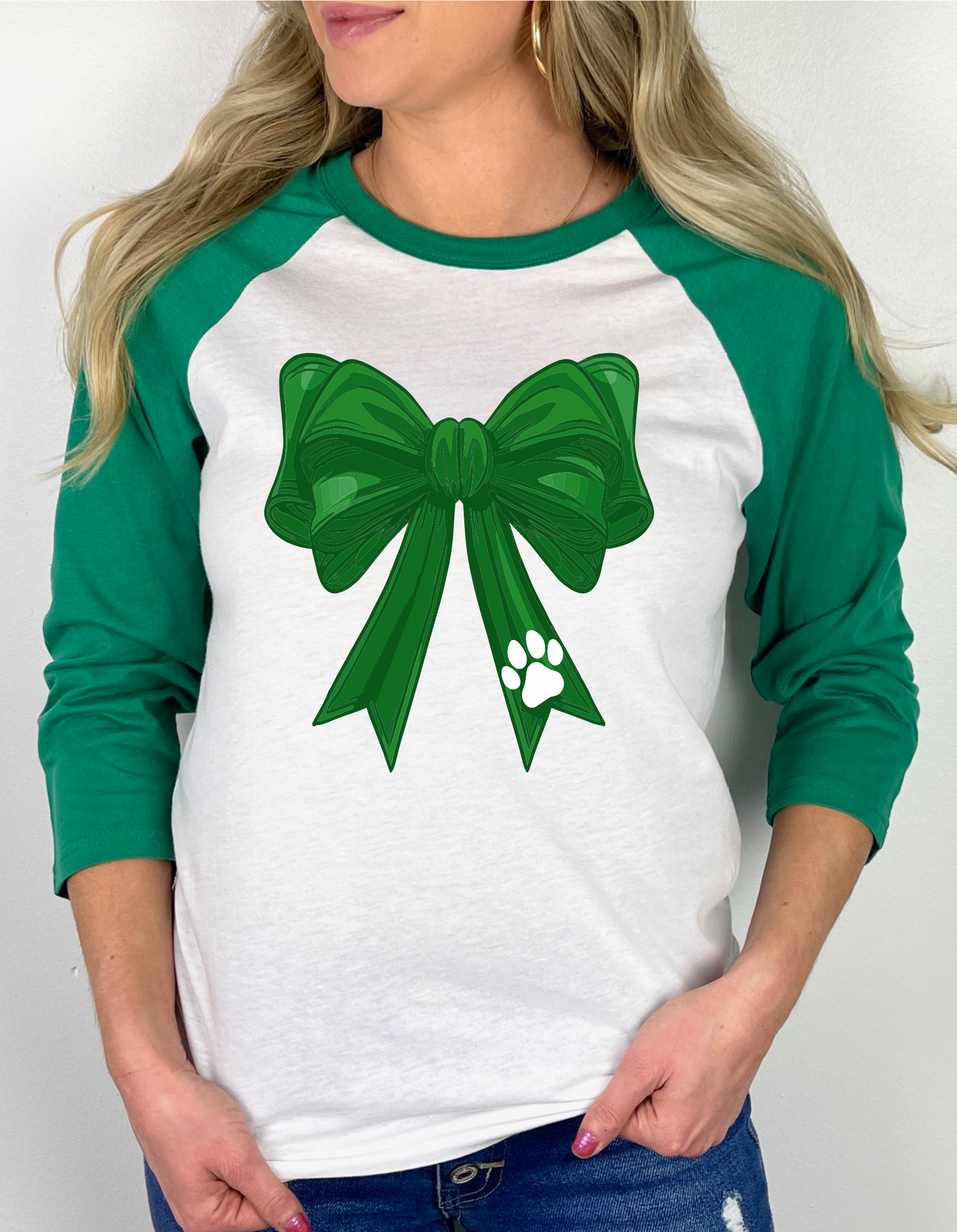 Paw Print Bow Football Mascot Raglan Graphic Tee