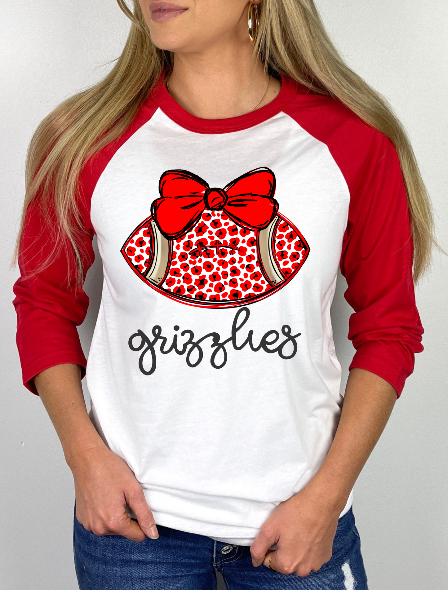 Grizzlies Leopard Football and Bow Mascot Raglan Graphic Tee