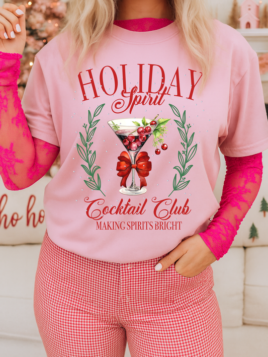 Holiday Spirit Cocktail Club Making Spirits Bright Light Pink Graphic Tee