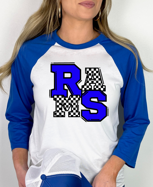 Rams Checkered Football Mascot Raglan Graphic Tee