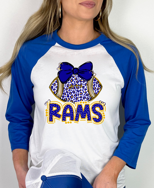 Rams Leopard Football with Bow Mascot Raglan Graphic Tee