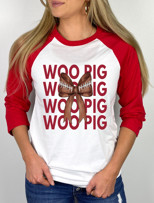 Woo Pig with Bow Football Mascot Raglan Graphic Tee